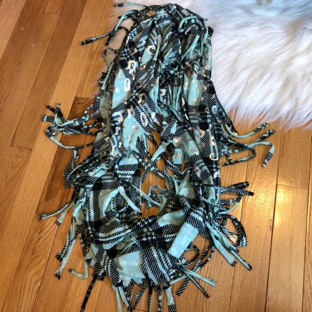 Mint Plaid with Silver Animal Spots Infinity Scarf